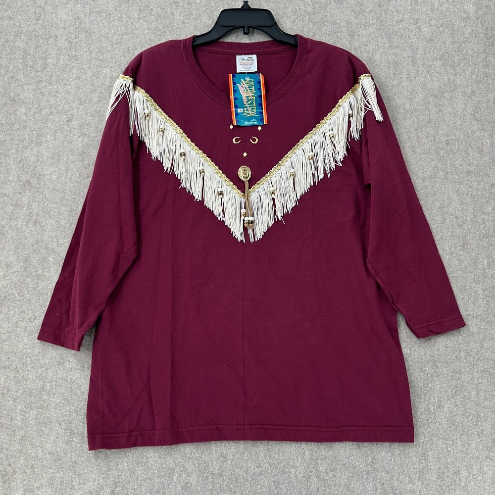 NWT VTG Hazelwoods Southwestern Fringe Shirt Womens LARGE Rodeo Western Burgundy